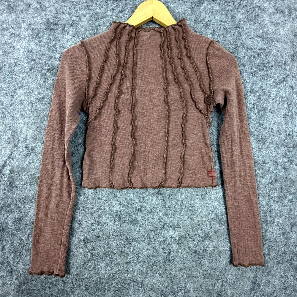 Urban Outfitters BDG Sweater Womens Small Brown Cropped Tight Knit Seam Ruffles